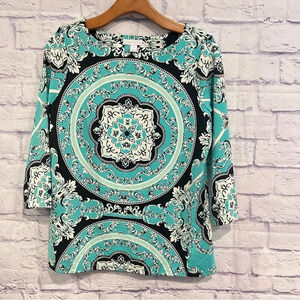 Charter Club Women’s Petite‎ Blouse Slimming Blue Turquoise Medallion